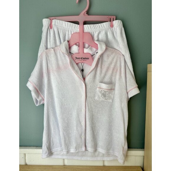Juicy Couture Pj Set Women’s Sz CL Rhinestones Studded Logo In White Terry Cloth - Picture 1 of 6